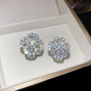 Classic Silver Floral Cluster Stud Earrings - Clear Crystal